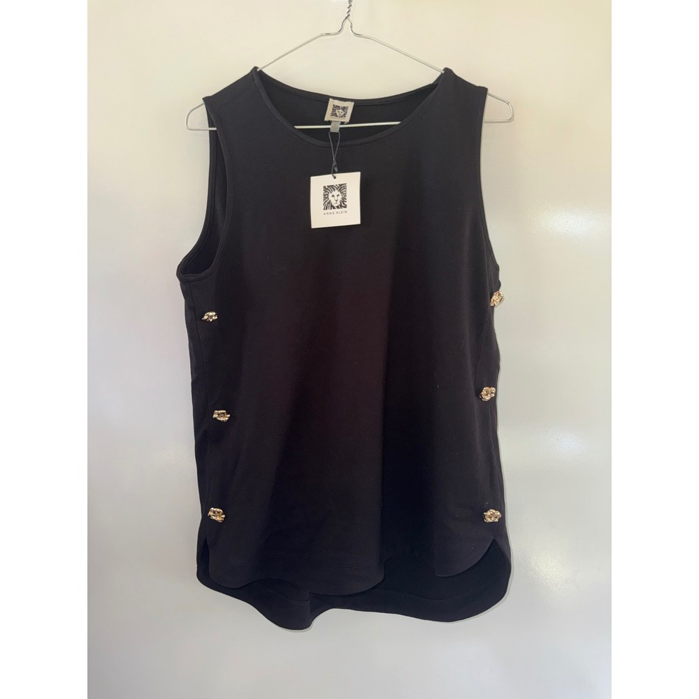 Anne Klein Womens Black Sleeveless Knit Top Gold Button Detail Size M 11020853